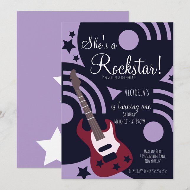 Tjej Rockstjärna Gitarr Stjärna Rock Födelsedagsfe Inbjudningar (Fram/baksida)
