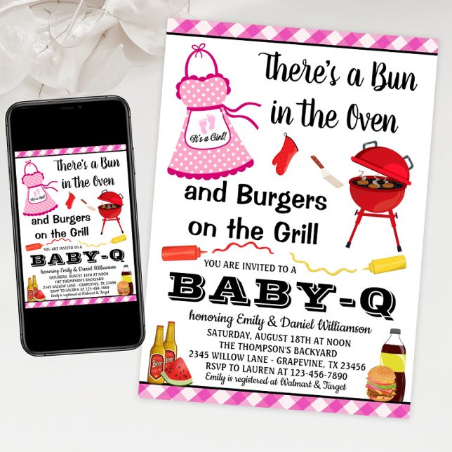 Tjej Rosa Grillning Baby Shower Inbjudningar (Girl BABY-Q baby shower invitation. Bun in the oven baby shower invitation. Print or Download.)