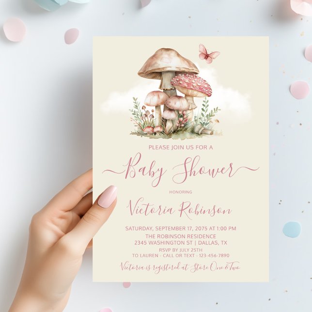 Tjej Rosa Svamp Fjäril Baby Shower Inbjudningar (Girl mushroom baby shower invitation with butterfly. You can change the background color.)