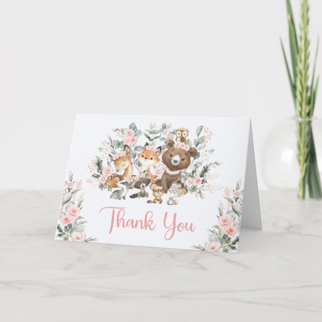 Tjej Skogs Baby Shower: Rosa Skogs Djur Tack Kort (Framsida)