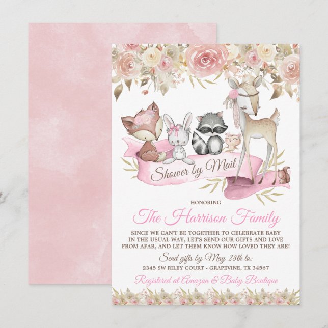 Tjej Skogs Djur Mail Virtuell Baby Shower Inbjudningar (Fram/baksida)