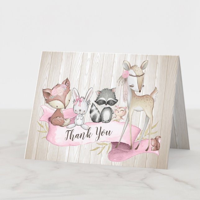 Tjej Skogs djur Vänner Baby Shower Tack Kort (Skapare uppladdad)