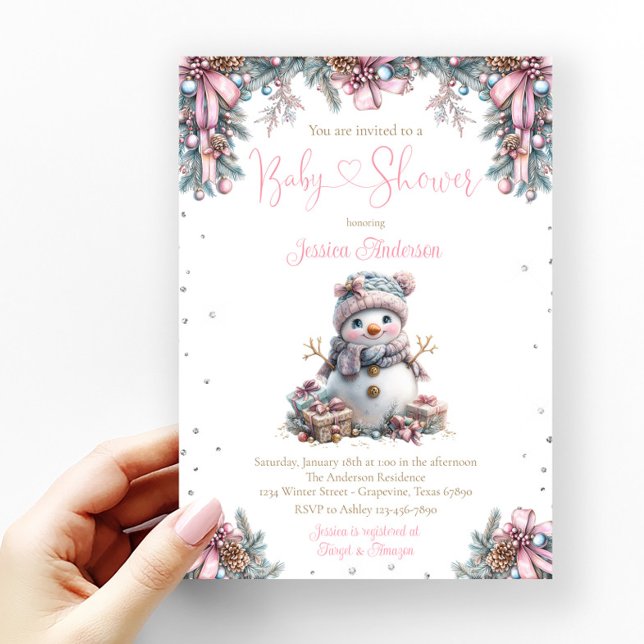 Tjej Snömannen Baby Shower Inbjudningar (Cute baby girl snowman baby shower invitation with adorable baby snowman.)