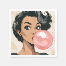 Tjej som blåser rosa bubbelgummibubbla, rolig söt