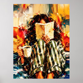 Tjej som läser bok Mysig målning Konst Poster
