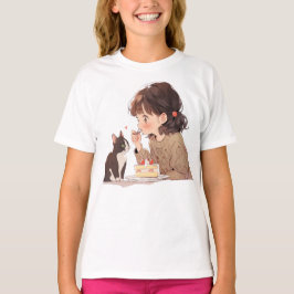 Tjej som matar katt-illustration T-shirt | Söt Ani