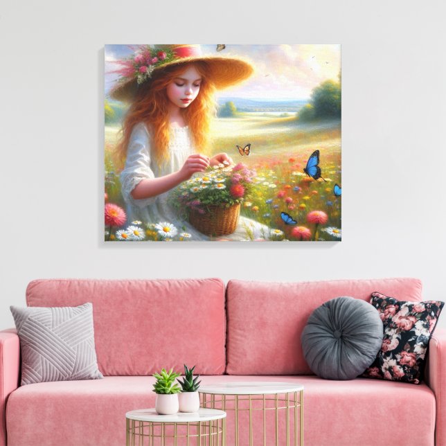 Tjej som plockar blommor sträckt canvastryck (Insitu (Vardagsrum))