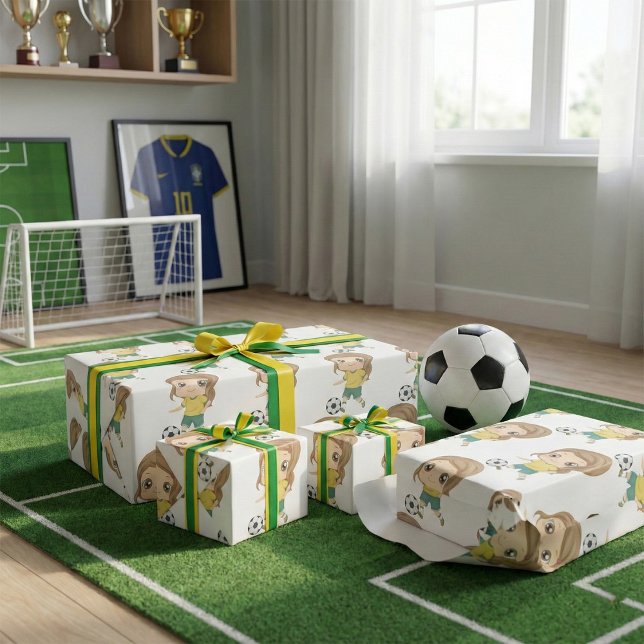 Tjej som spelar fotboll Bedårande barnsport Presentpapper (Skapare uppladdad)