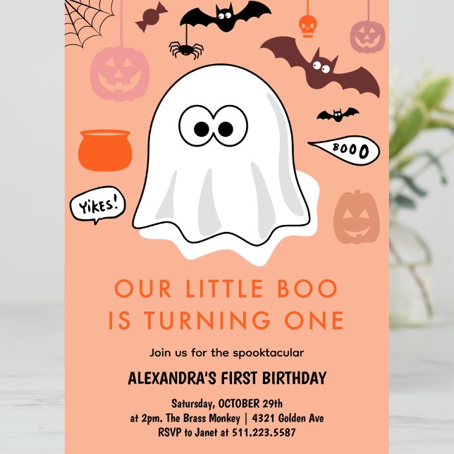 Tjej Spöke Orange Halloween 1-årsdag Inbjudningar (Halloween-1st-birthday-Invitation-ghost-girl-orange-1)