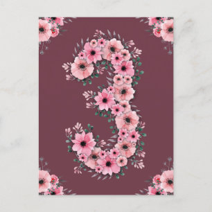 Tjej Stor 3-årsdag Rosa Blommor Grön Lövverk Vykort