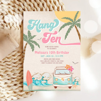 Tjej Surf Rosa Mint 10-års Surfning Strand Födelse Inbjudningar