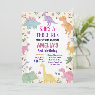 Tjej Tre Rex Dinosaurie 3-års Födelsedag Inbjudningar