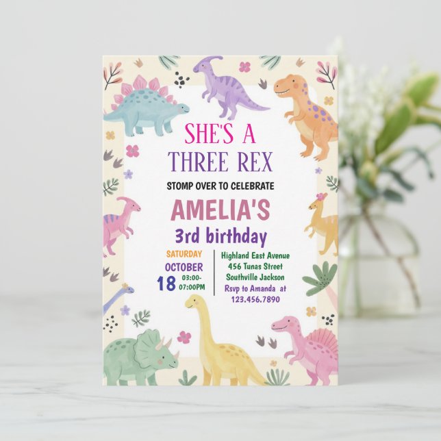 Tjej Tre Rex Dinosaurie 3-års Födelsedag Inbjudningar (Stående Fram)