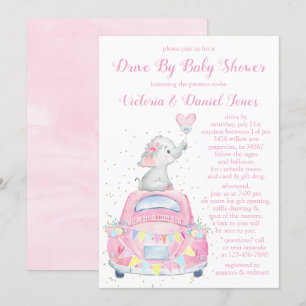 Tjej Vattenfärg Elefant Bil Drive By Baby Shower Inbjudningar