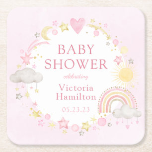 Tjej Vattenfärg Regnbåge Baby Shower Underlägg Papper Kvadrat