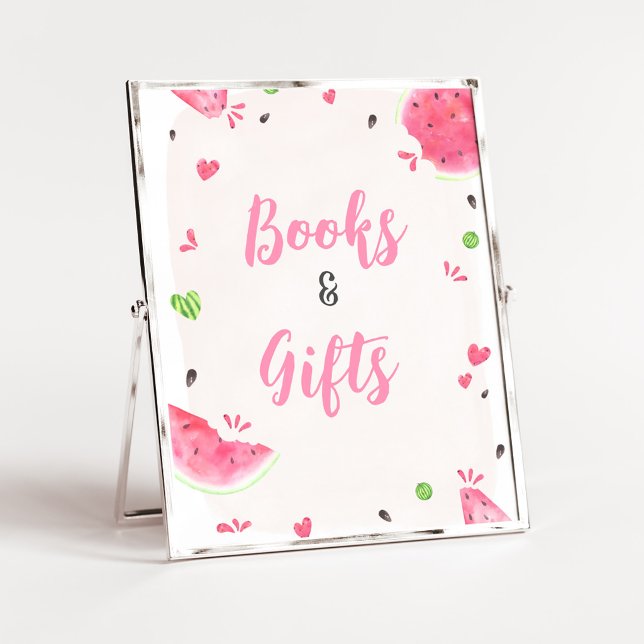 Tjej Vattenmelon Baby Shower Böcker och Gåvor Skyl Poster (Sweet Little Baby Shower Books and Gifts Sign)