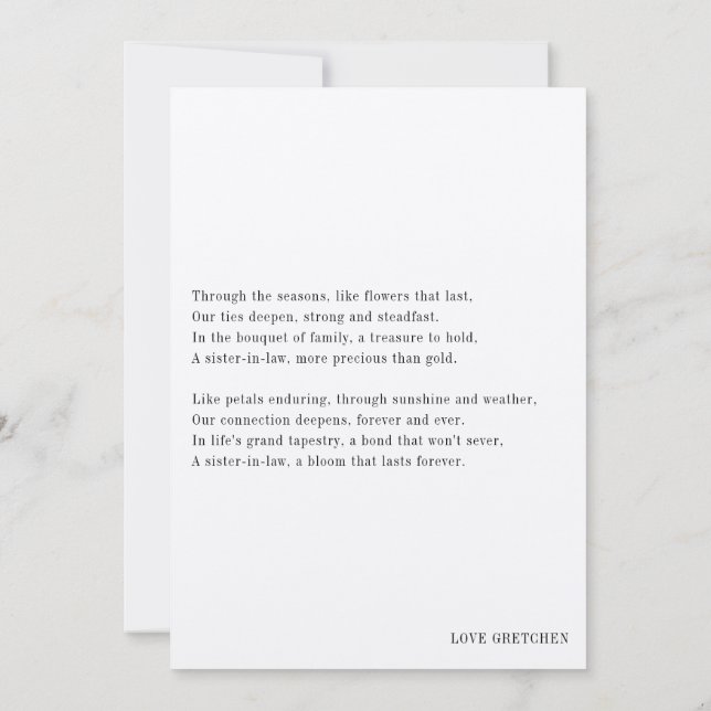 Tjejbröllopserbjudande till svägerska med dikt inbjudningar (Baksida)