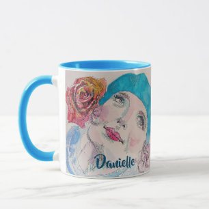 Tjejen med Röd ros Beret Watercolor Blommigt Flow Mugg