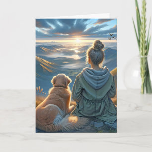 Tjejen och Golden Retriever tänker på dig Kort