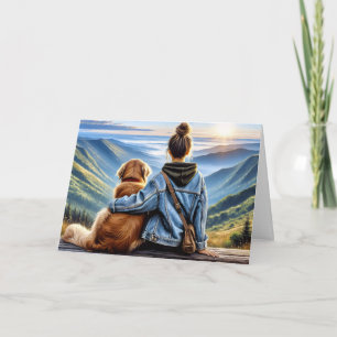 Tjejen och Golden Retriever tänker på dig Kort