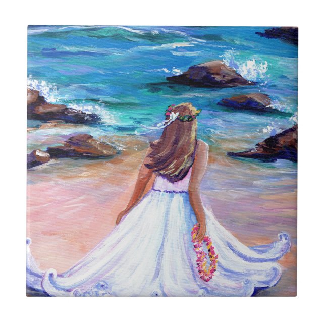 Tjejen på Beach Hawaii Ceramic Tile Kakelplatta (Framsidan)