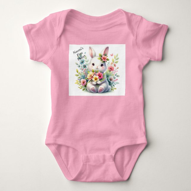 Tjejens första påsk Lägg till namn Söt baby bodysu T Shirt (Framsida)