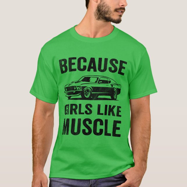 Tjejer älskar klassisk muskelbil retro t shirt (Framsida)
