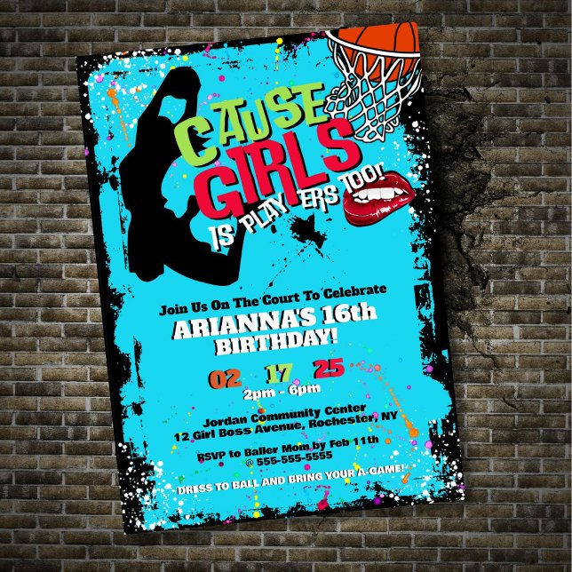 Tjejer Är Spelare Också Basket Födelsedagsinbjudan Inbjudningar (Slam dunk your party with this bold girls' basketball invitation!)