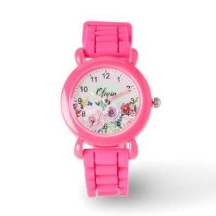 Tjejer Cute Rosa Botaniska blommor och Namn-barn Armbandsur