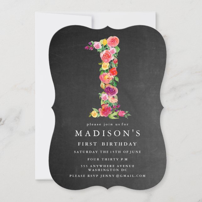 Tjejer för vattenfärgschalkboard 1:a födelsedag In Inbjudningar (Framsida)