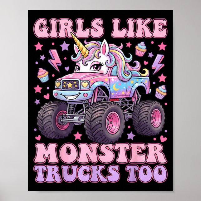 Tjejer gillar monster trucks också söt enhörning f poster (Framsidan)