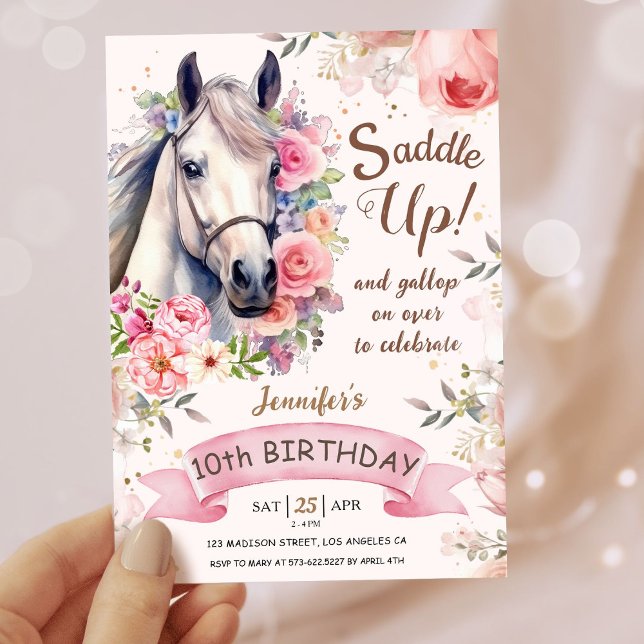 Tjejer Häst 10:e födelsedag blommor Saddle upp! Inbjudningar (Skapare uppladdad)