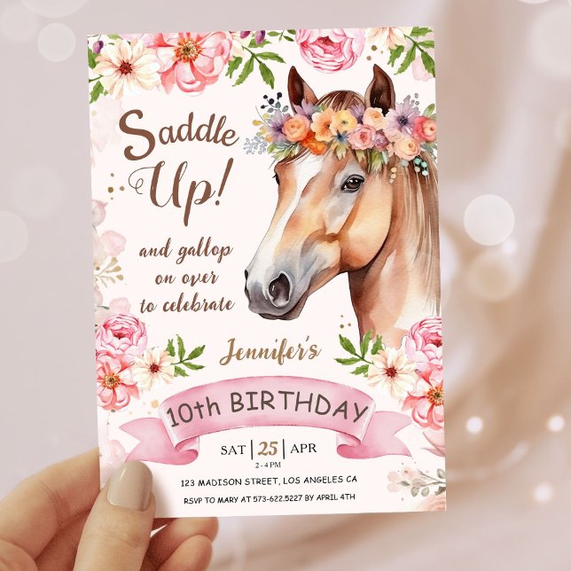 Tjejer Häst 10:e födelsedans Blommigt Saddle upp! Inbjudningar (Skapare uppladdad)