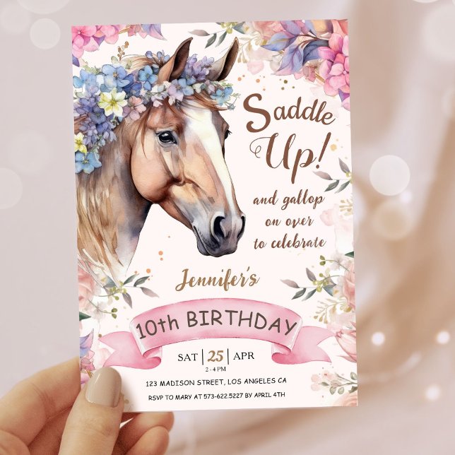 Tjejer Häst 10:e födelsedans Blommigt Saddle upp! Inbjudningar (Skapare uppladdad)