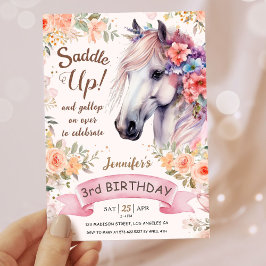 Tjejer Häst 3:e födelsedag Rosa Blommor Saddle upp Inbjudningar
