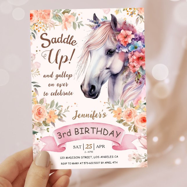 Tjejer Häst 3:e födelsedag Rosa Blommor Saddle upp Inbjudningar (Skapare uppladdad)