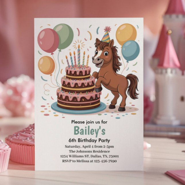 Tjejer Häst 6-års Födelsedagsfest Inbjudningar (Skapare uppladdad)