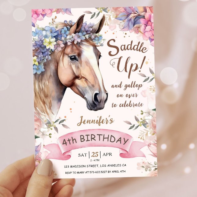 Tjejer Horse 4e födelsedagen Blommigt Saddle! Inbjudningar (Skapare uppladdad)