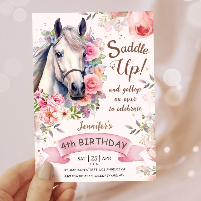 Tjejer Horse 4e födelsedagen Bloom Flowers Saddle! Inbjudningar (Skapare uppladdad)