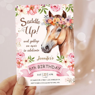 Tjejer Horse 6e Birthday Blommigt Saddle up! Inbjudningar