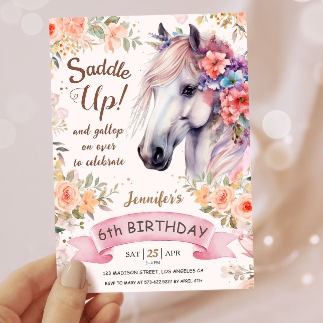 Tjejer Horse 6e Birthday Rosa Flowers Saddle Up! Inbjudningar (Skapare uppladdad)