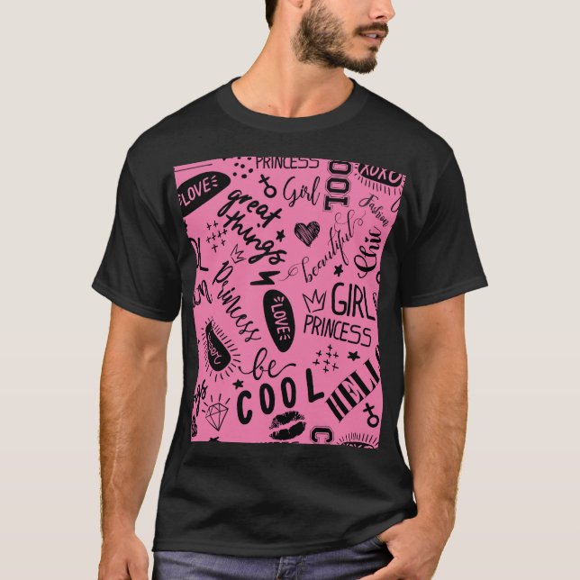 Tjejer Kalligrafi: Sömlös Mode Mönster T Shirt (Framsida)