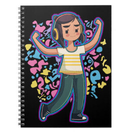 Tjejer med hörlurar som spänner fast och slappna a anteckningsbok