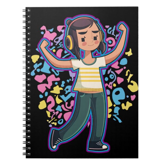 Tjejer med hörlurar som spänner fast och slappna a anteckningsbok (Framsidan)