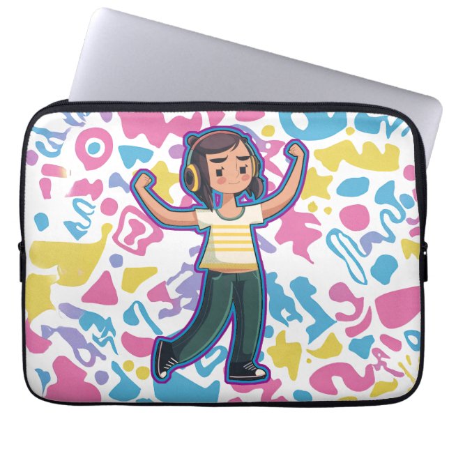 Tjejer med hörlurar som spänner fast och slappna a laptop fodral (Framsidan)