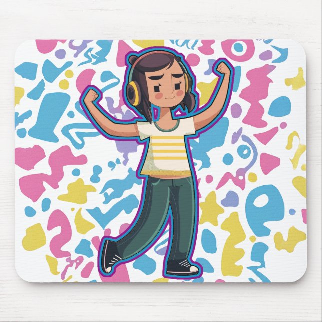 Tjejer med hörlurar som spänner fast och slappna a musmatta (Framsidan)