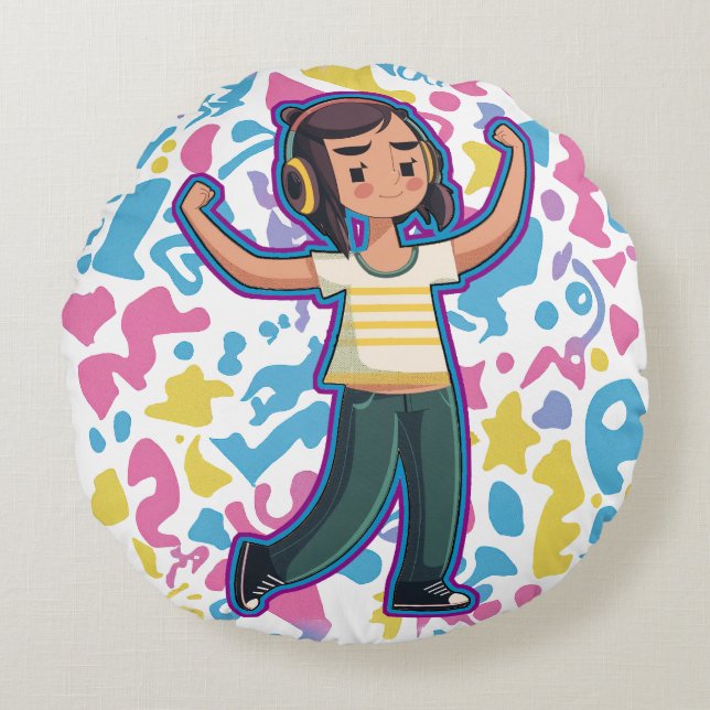 Tjejer med hörlurar som spänner fast och slappna a rund kudde (Framsidan)