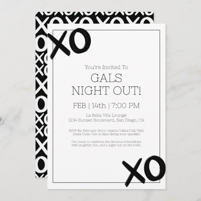 Tjejer Nattut XOXO Black White Galentine Party Inbjudningar (Fram/baksida)