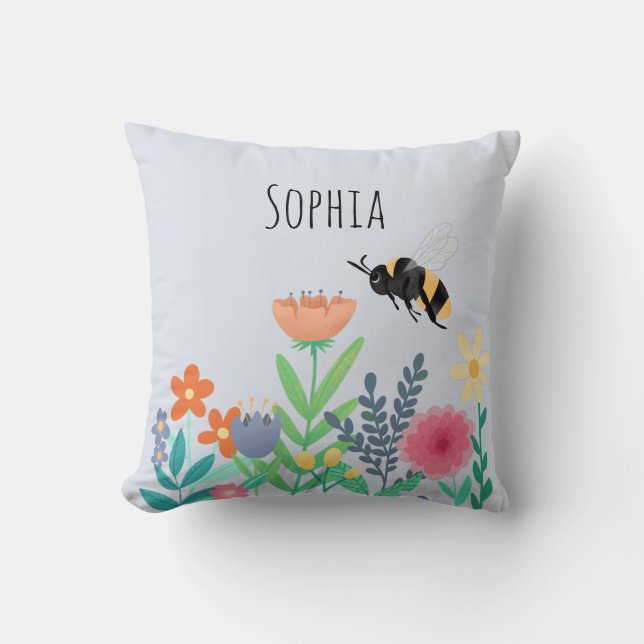Tjejer Natur Cute Whimsical Bee and Flowers Kids Kudde (Framsida)