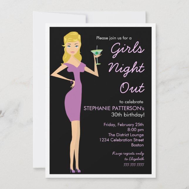 Tjejer Night Out Cocktail Diva Födelsedagsfest Inbjudningar (Framsida)